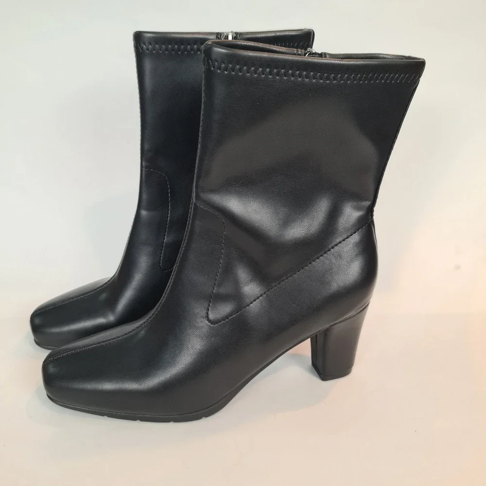 Aerosoles Cinnamon Black Square Toe Block Heel Ankle Boots Womens 9M Classic